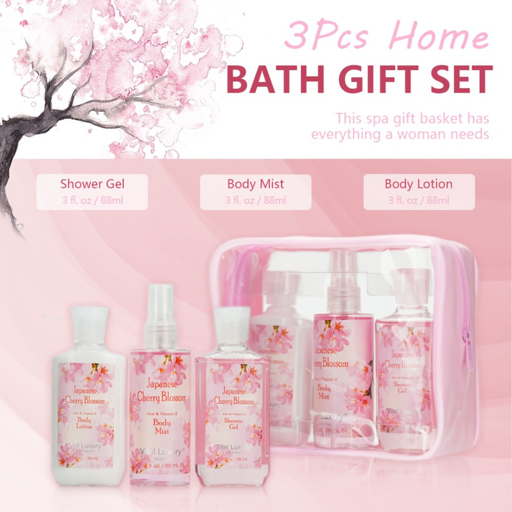 Bath Body Care Gift Set Shower Gel Body Lotion Body Mist Aloe Vera Vitamin E Glycerin Deep Moisturizing Fragrance Set for Women Cherry