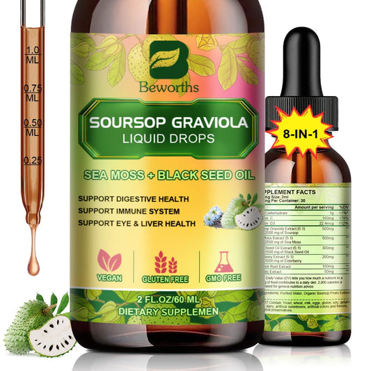 [8-IN-1 Soursop Drops] 1/3 Bottles 8-IN-1 Soursop Liquid Drops, Graviola Leaf & Fruit Complex Supplement With Sea Moss