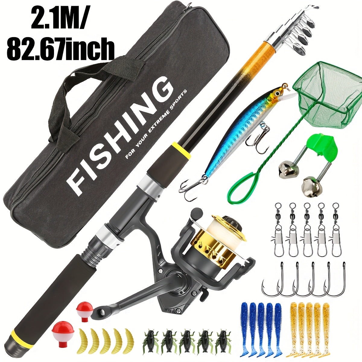 Baitcasting Rod and Reel Combo Set – Medium-Fast Action Telescopic Fishing Rod with Line, Lures, Accessories Box & Carry Bag
