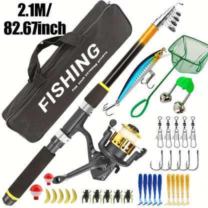 Baitcasting Rod and Reel Combo Set – Medium-Fast Action Telescopic Fishing Rod with Line, Lures, Accessories Box & Carry Bag