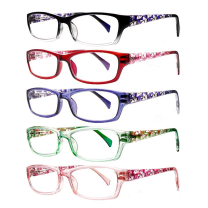 Reading Glasses – Five-Pair Rectangular Set with Spring Hinges and Mixed Colors with Multiple Strength and Color Options
