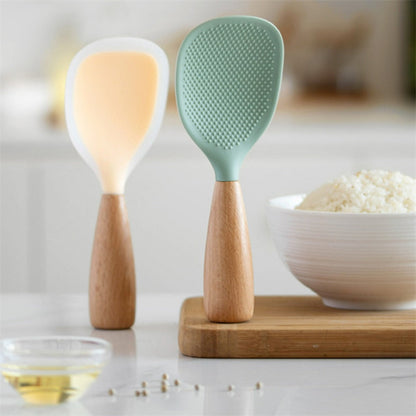 Silicone Rice Spatula Serving Spoon 2 Pack Wooden Handle Heat Resistant Durable Standing for Home Cooking, Dining and Outdoor Meals