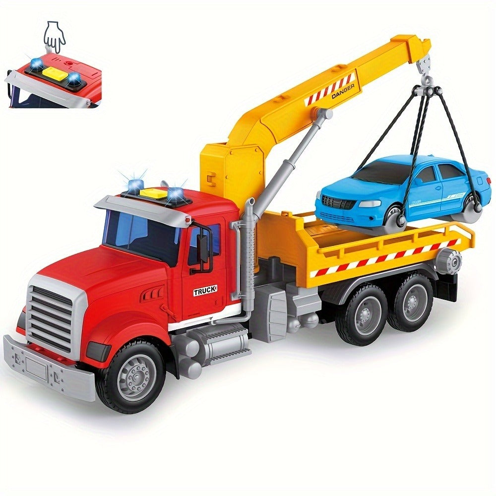 13-Inch Tow Truck Toy with Lights & Sounds, Friction Powered Transport Crane Truck for Boys Ages 3 4 5 6
