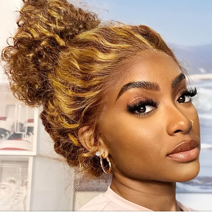 Wig Long Deep-Wave Honey Blonde Ombre, 28-Inch Synthetic Fiber with 13x4 Lace Front and Glueless Cap