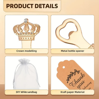 Crown Bottle Opener Wedding Favors, 10 Sets with Organza Bags, Thank You Tags and Twine for Bridal Showers and Guest Gifts