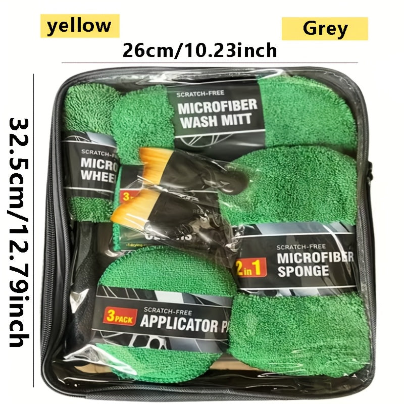 11-Piece Car Cleaning Kit with Microfiber Wash Mitts, Tire Brushes, Applicator Pads and Gray Storage Bag