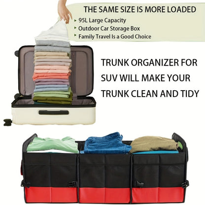Car Trunk Organizer, 95L Foldable 4-Compartment Bin with Two Retractable Straps and Divider Set