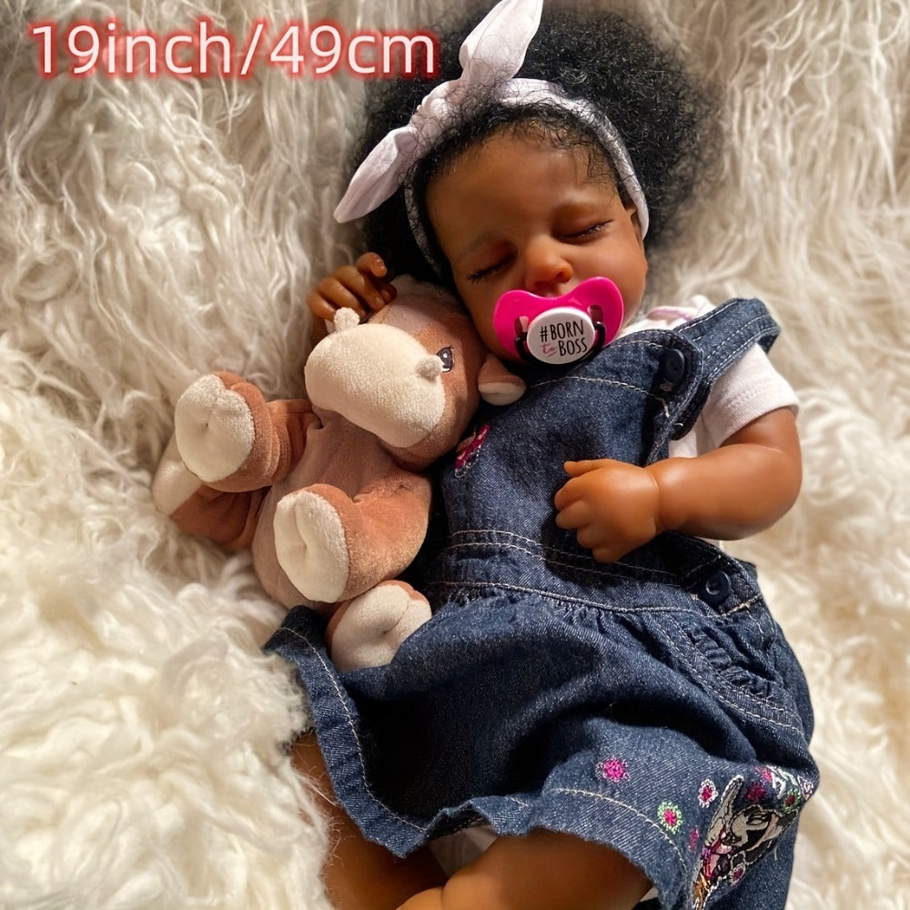 Reborn Baby Doll 19 Inch Curly Blue Hair with Sleeping Sounds Cloth Body & Lifelike Weight