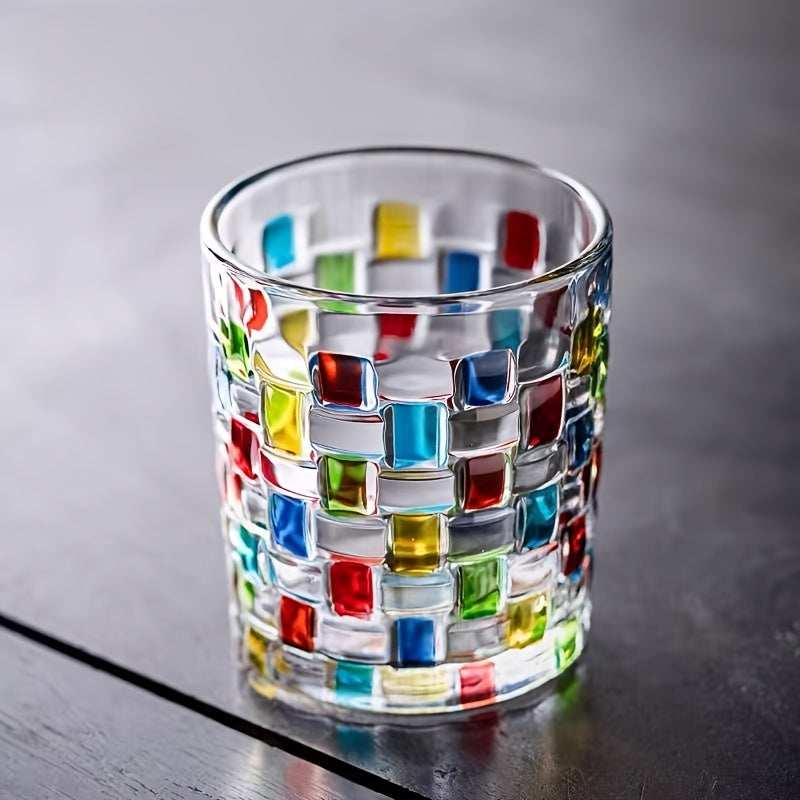 Hand-Painted Drinking Glasses Set – Colorful Square Lattice Woven Handcrafted Glass for Water, Juice, Whiskey & Beer