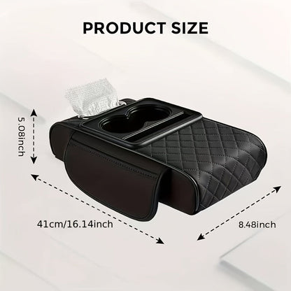 Center Console Armrest Organizer with Two Cup Holders, Tissue Slot, Side Pockets and Eight Color or Trim Options