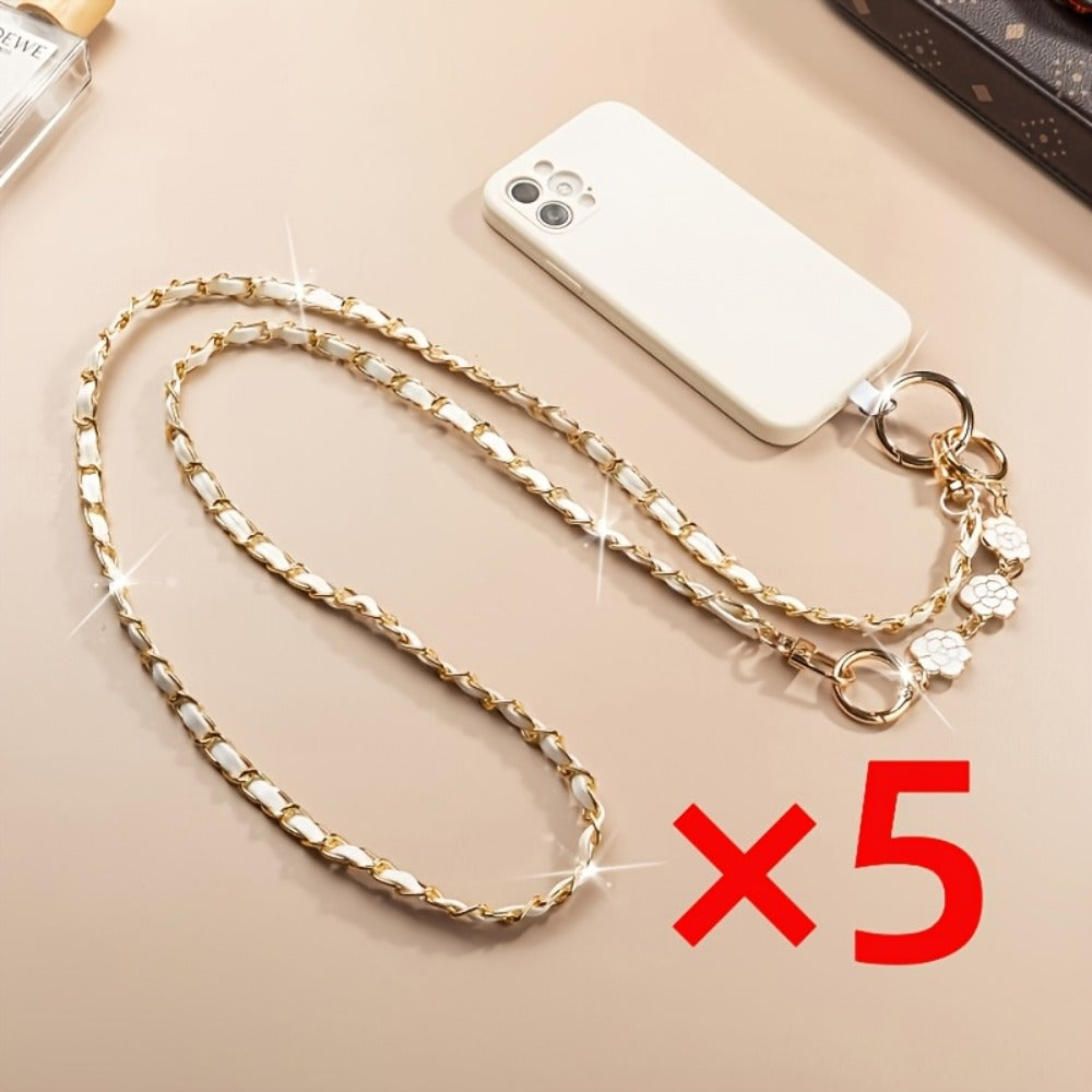 Crossbody Phone Strap Long Chain Pearl Camellia Metal Charm Elegant Lanyard for Women Girls