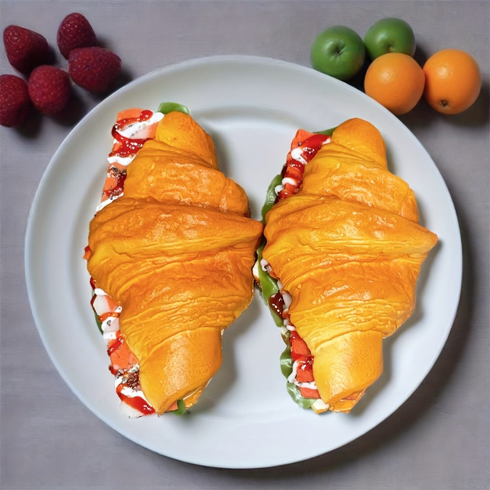 Realistic Fake Food Props 2PCS Simulation Bacon Croissant Bread, Lifelike TPU Play Food for Kids Kitchen Toy