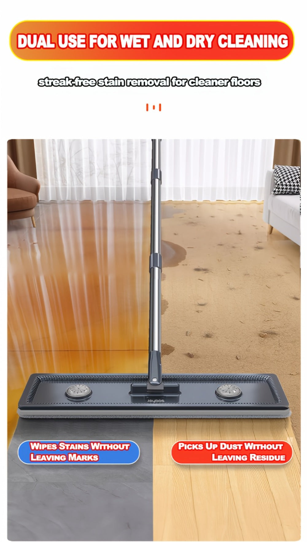 Flat Mop and Bucket System with Washable Reusable Microfiber Pads Dual Bucket Wringer Wet Dry Floor Mop for Hardwood Tile Marble Wall