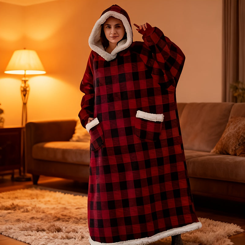 180cm Wearable Blanket Hoodie with Hood, Sleeves, Front Pocket and Four Solid or Plaid Color Options