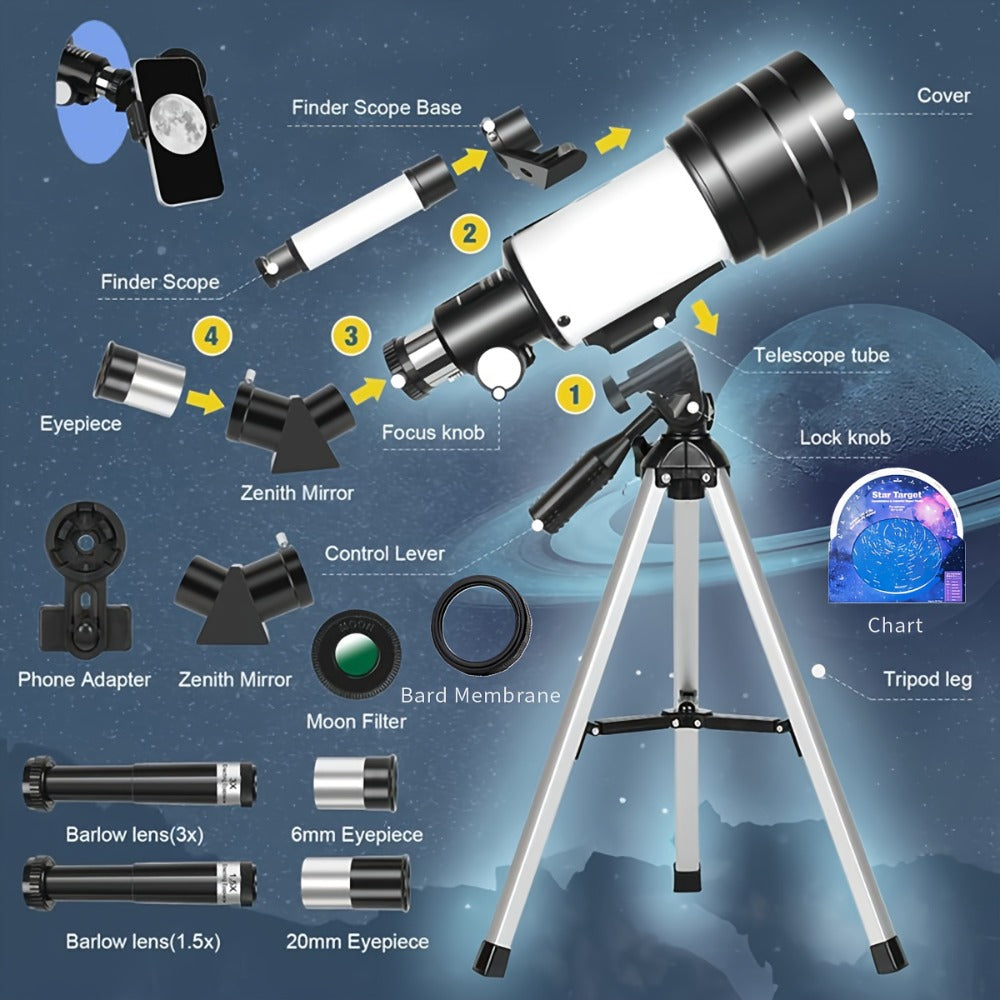 150X Astronomical Telescope 70mm Aperture with Tripod Phone Adapter Wireless Remote Control High Magnification Portable Refractor Telescope