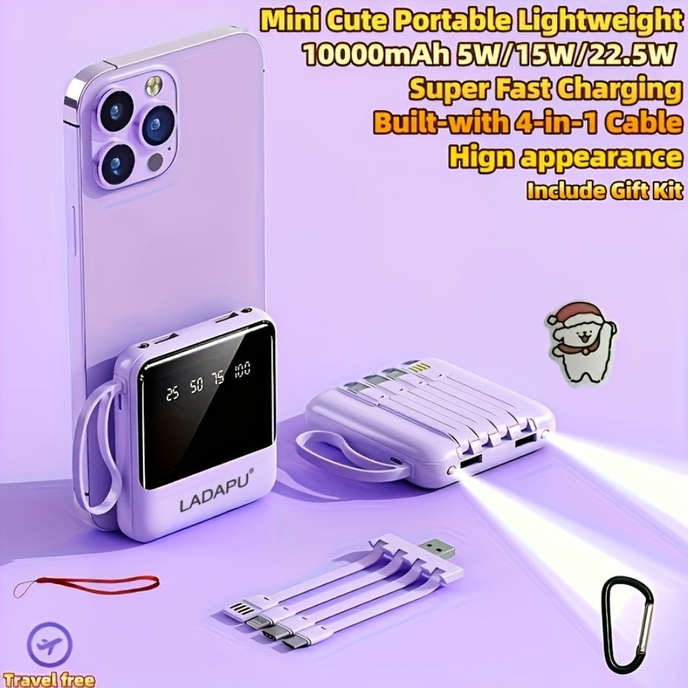 Power Bank 10000mAh with Built-In Cable Set, 5W/15W/22.5W selections, Display and Lanyard for Travel