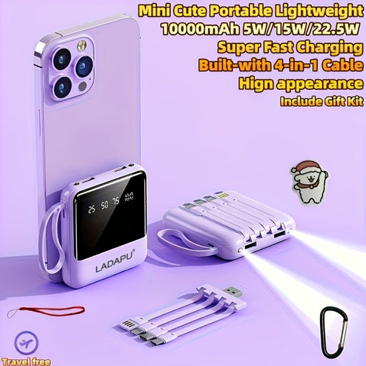 Power Bank 10000mAh with Built-In Cable Set, 5W/15W/22.5W selections, Display and Lanyard for Travel