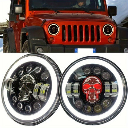 7 Inch Motorcycle LED Headlight Skull Ghost Design – Colorful Demon Eye Round Head Lamp, Custom Car Headlight Modification Front Light