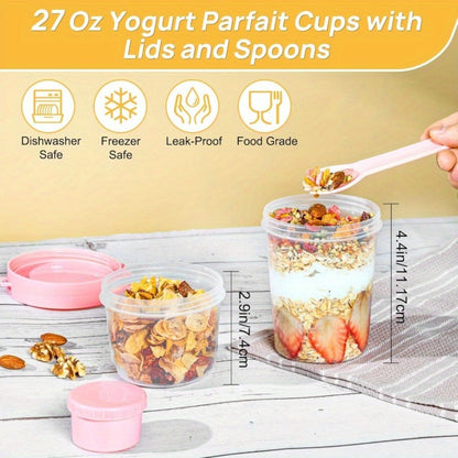 Yogurt Parfait Cups with Leakproof Lids and Spoons 4-Pack 27oz Large Microwave Safe Stackable Breakfast Containers Separate Toppings