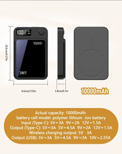 Power Bank Magnetic 6000-15000mAh with 30W Wired, 15W Wireless, Dual USB-C and Display in Four Colors