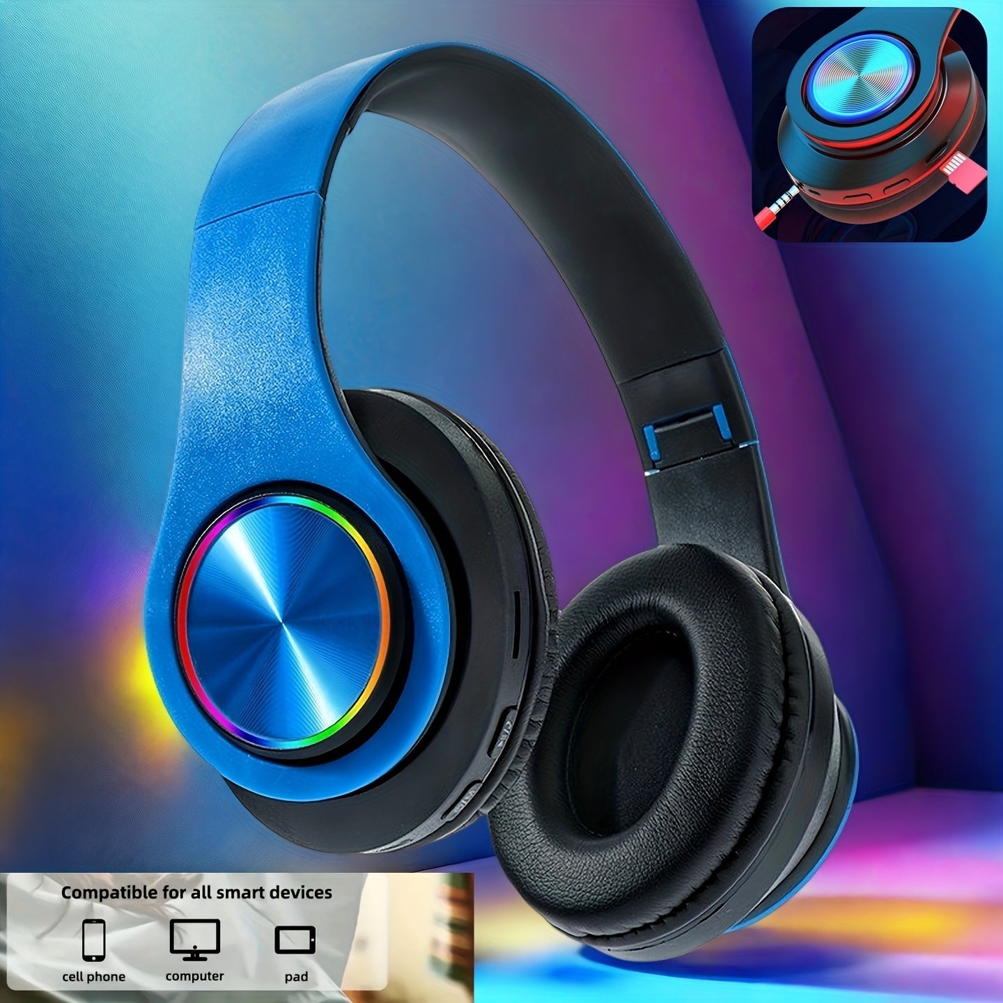 LED Light Over-Ear Wireless Headphones Deep Bass Subwoofer, Active Noise Cancelling Foldable Headset Bluetooth 5.3