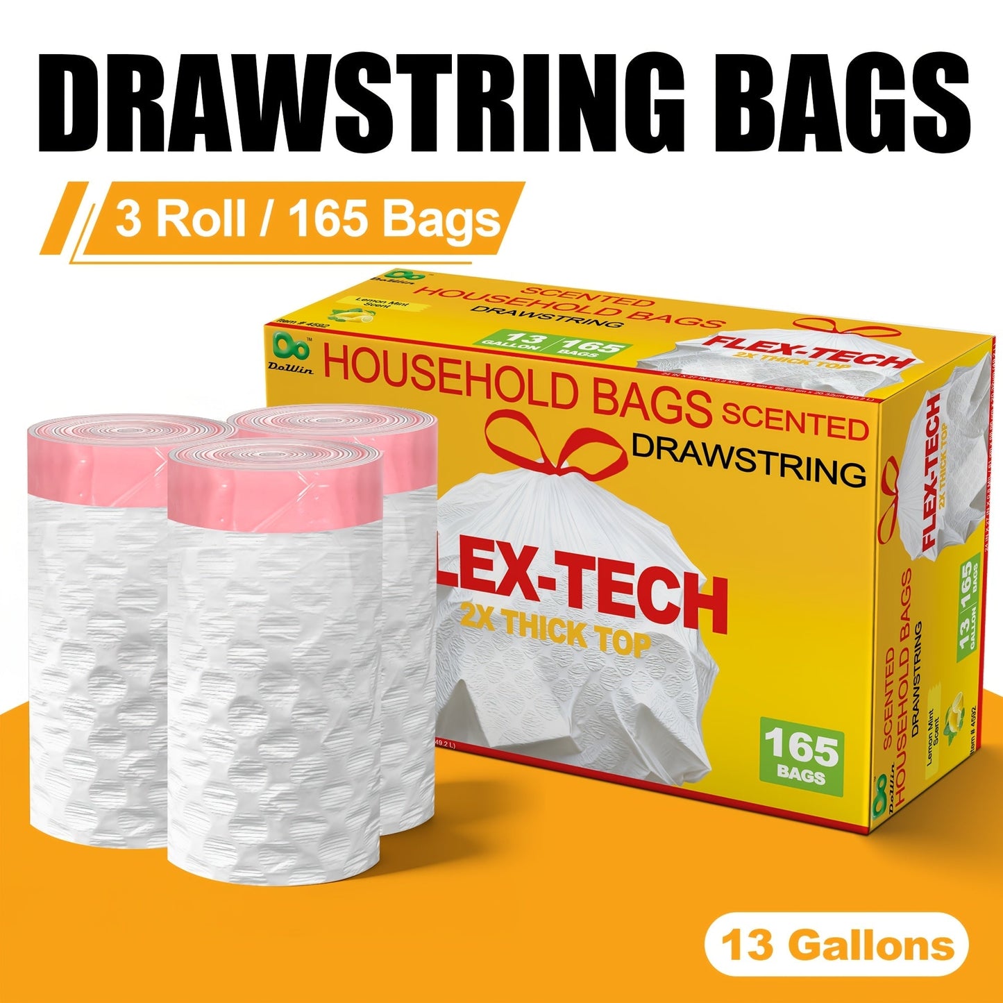 13-Gallon Scented Drawstring Trash Bags in White with Pink Ties and 20, 55, 110 or 165-Count Packs