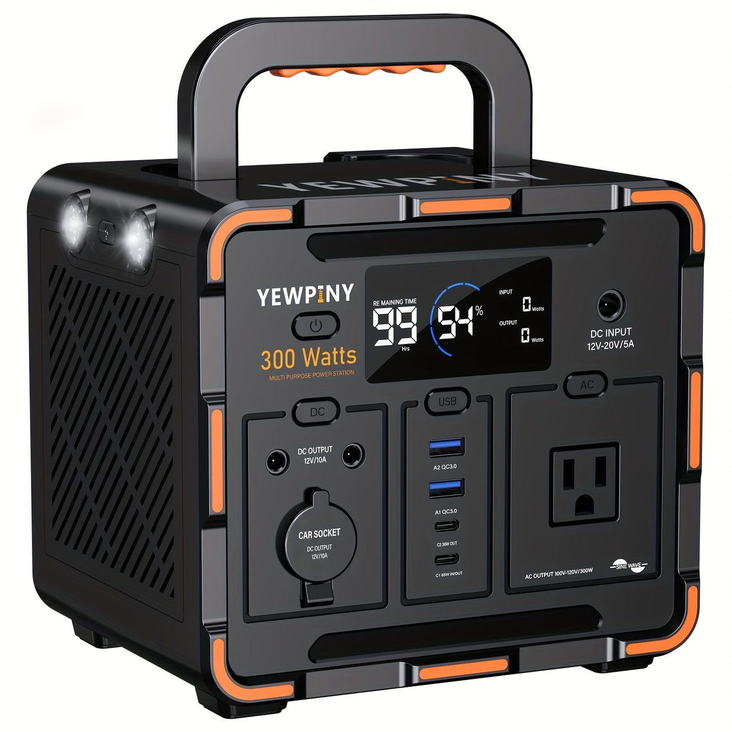 Portable Power Station 259Wh 300W or 599Wh 600W with AC, DC, USB, LiFePO4 Cell Pack and LED Light
