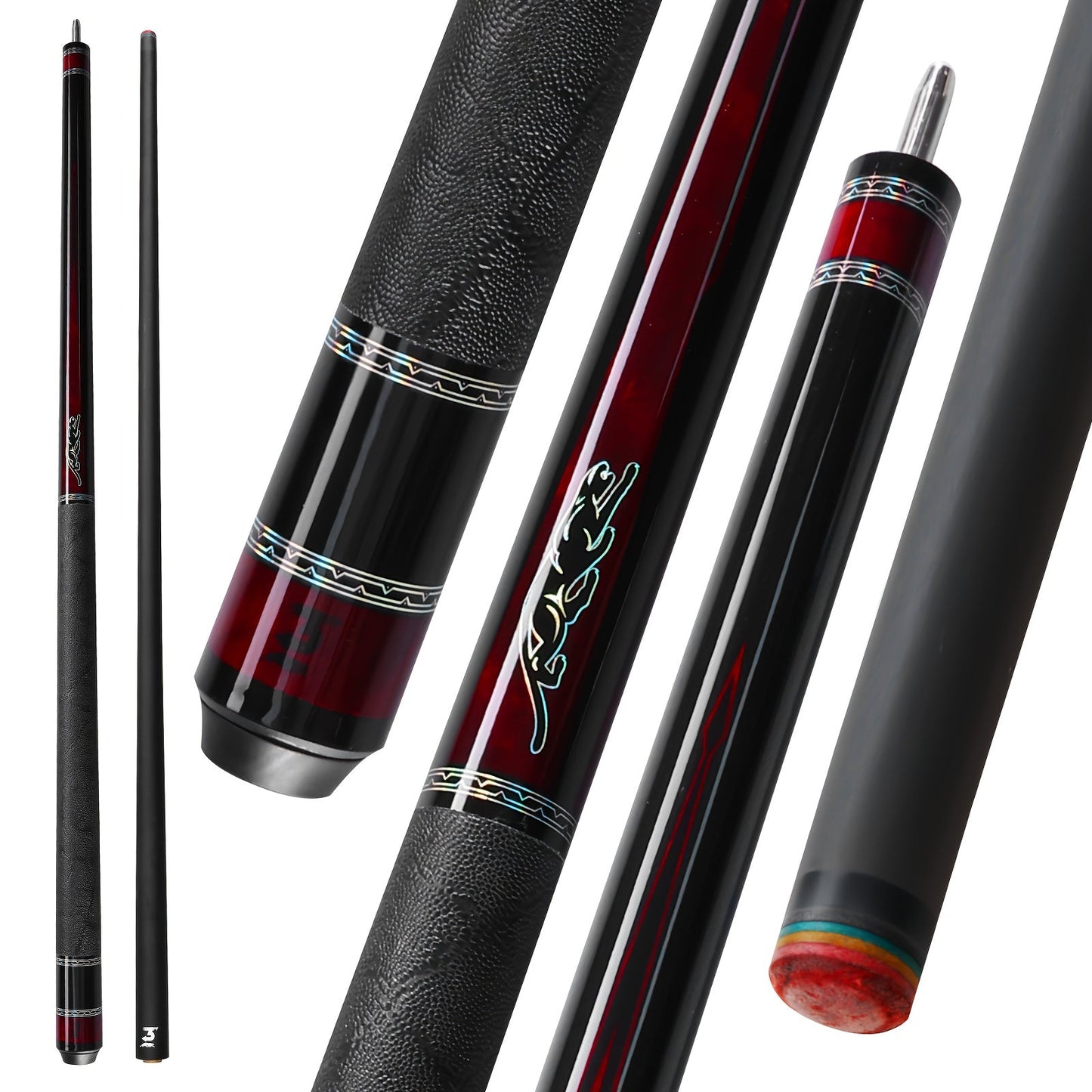 58-Inch Carbon Fiber Pool Cue with 12.5mm Tip, 3/8x8 Joint, Black Wrap and Four SP Graphic Designs