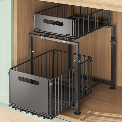 Under Sink Storage Organizer 2-Tier Metal Slide-Out Shelf for Kitchen or Bathroom Cabinet Use