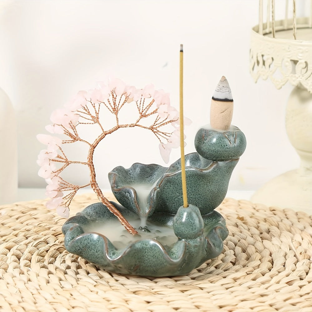 Backflow Incense Burner Crystal Money Tree Waterfall Smoke Incense Holder Ceramic Cone Stick for Entryways, Bedrooms and Living Spaces