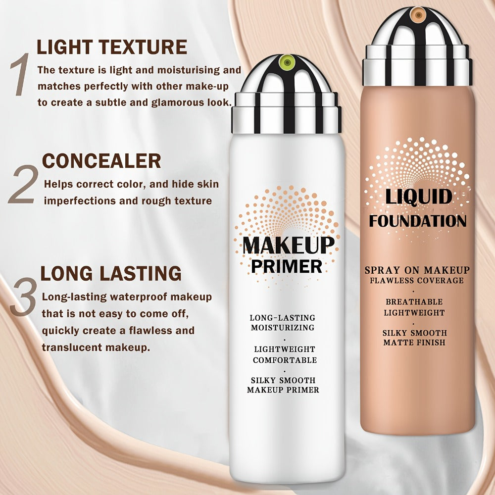 Liquid Foundation & Primer Set for Mature Skin 3-in-1 CC Cream BB Cream Silky Smooth Formula, for Makeup, Travel and Everyday Vanity Use