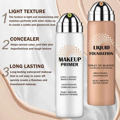 Liquid Foundation & Primer Set for Mature Skin 3-in-1 CC Cream BB Cream Silky Smooth Formula, for Makeup, Travel and Everyday Vanity Use
