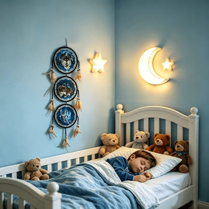 Wolf Dream Catcher Wall Decor with Three Printed Circles, Beads and Feather Accents in Two 6-Inch Styles