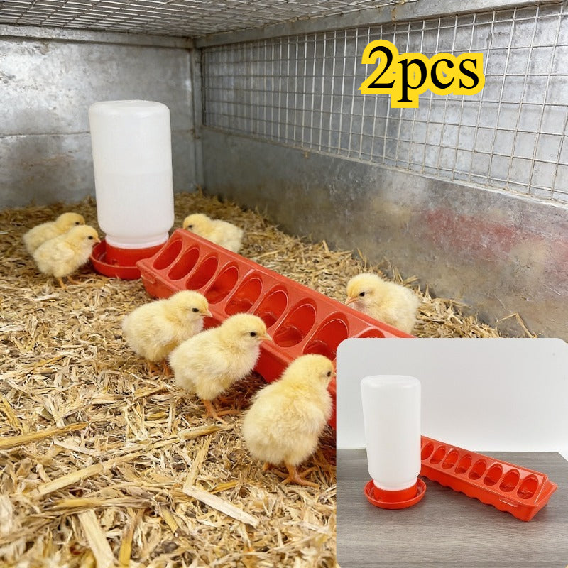 Chicken Feeder and Waterer Set, 18-Hole Anti-Spoil Trough Feeder + Water Dispenser for Chicks, Brooder & Backyard Poultry