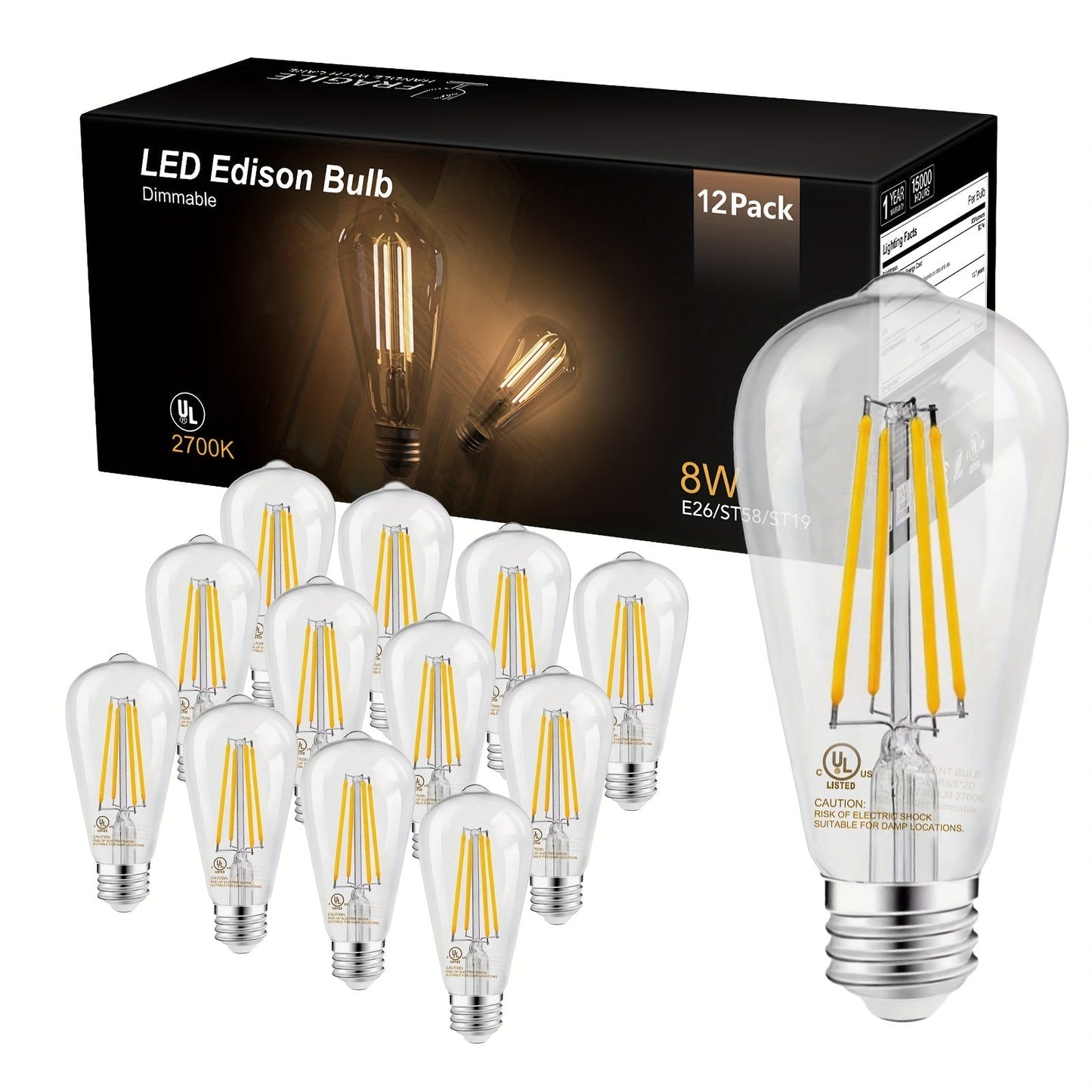 ST58 Vintage Edison LED Filament Bulb 8W 2700K Warm White Dimmable – 60W Equivalent E26 Base Clear Glass Antique Style for Chandelier