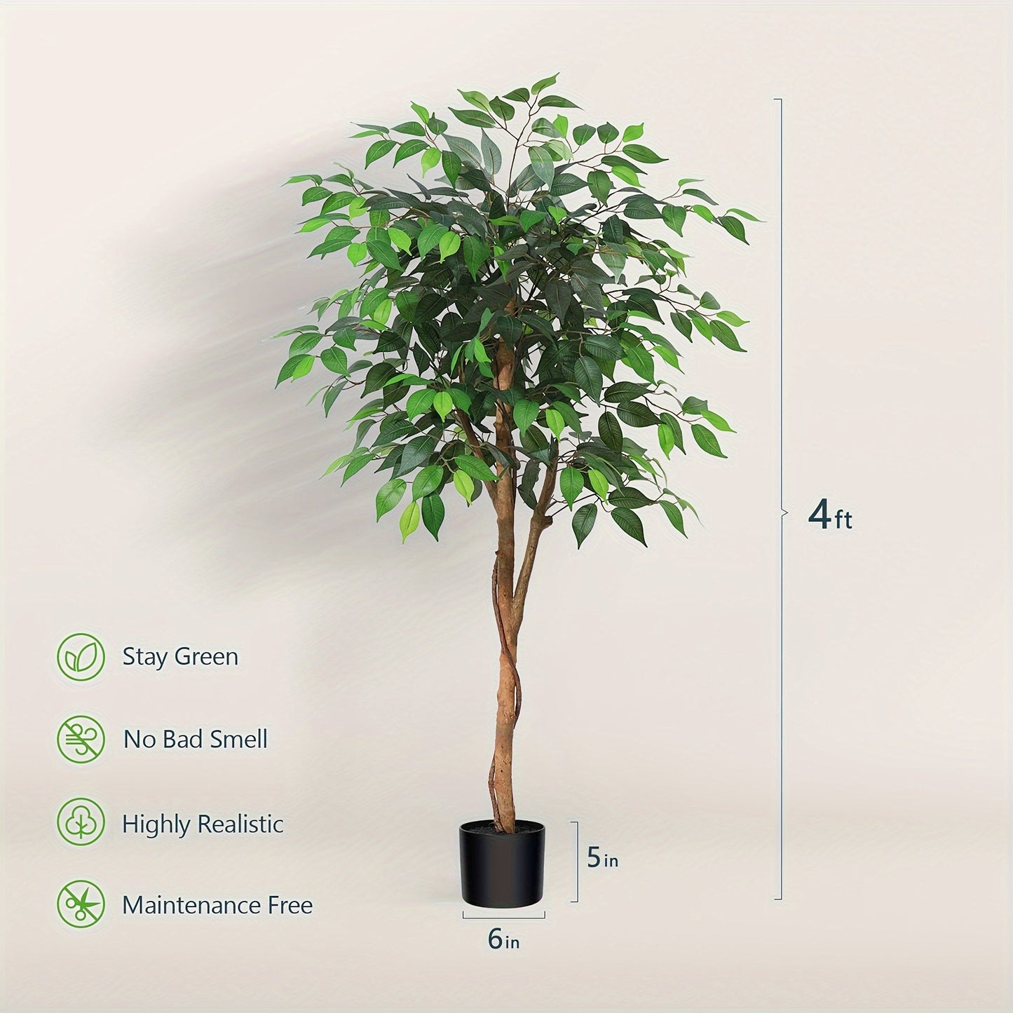 Artificial Ficus Tree with Braided Trunk, Full Green Canopy, Black Pot and 4, 5 or 6 ft Height Options