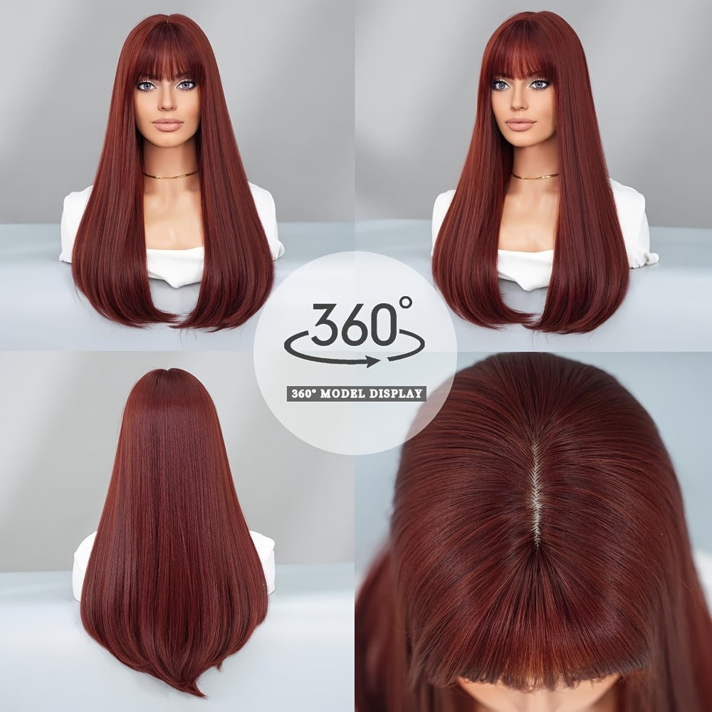 Long Straight Wig with Bangs Burgundy Wine Red 28 Inch Synthetic Heat Resistant Lightweight for Women Daily Wear Holiday Party Cosplay