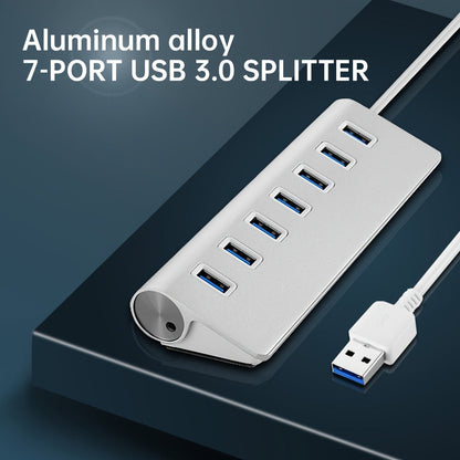 Silvery Seven-Port USB 3.0 Hub with USB-A Host Cable and Aluminum-Alloy Housing for Laptop Accessories