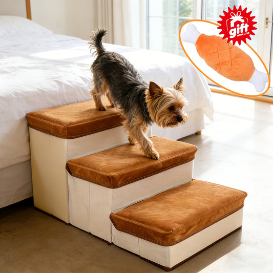 Dog Stairs for High Beds 3-Tier Foldable Pet Steps with Non-Slip Surface & Plush Chicken Leg Toy | Nylon Dog Ramp for Small & Extra Small