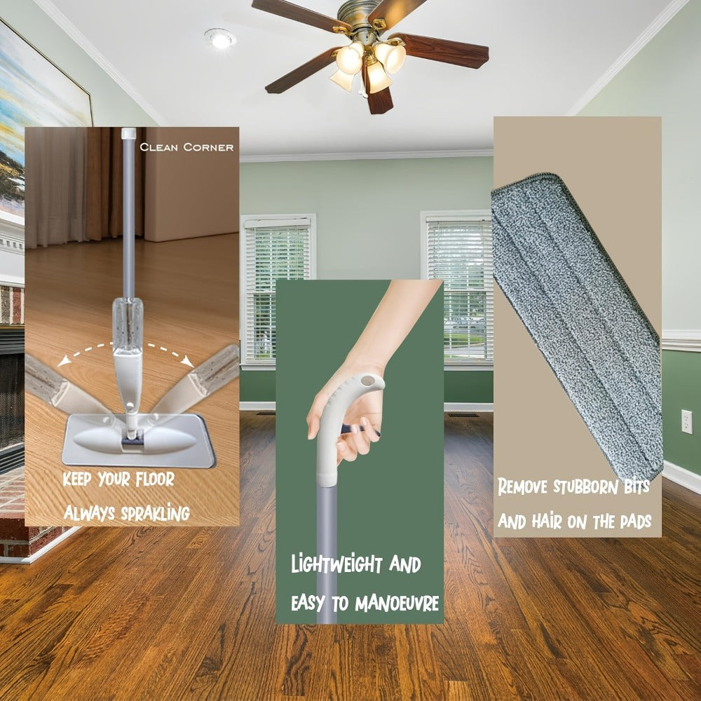 Spray Mop with 3 Microfiber Carbon Fiber Pads Water Spraying Flat Mop Wet Dry Dual Use Floor for Entryways, Bedrooms and Living Spaces