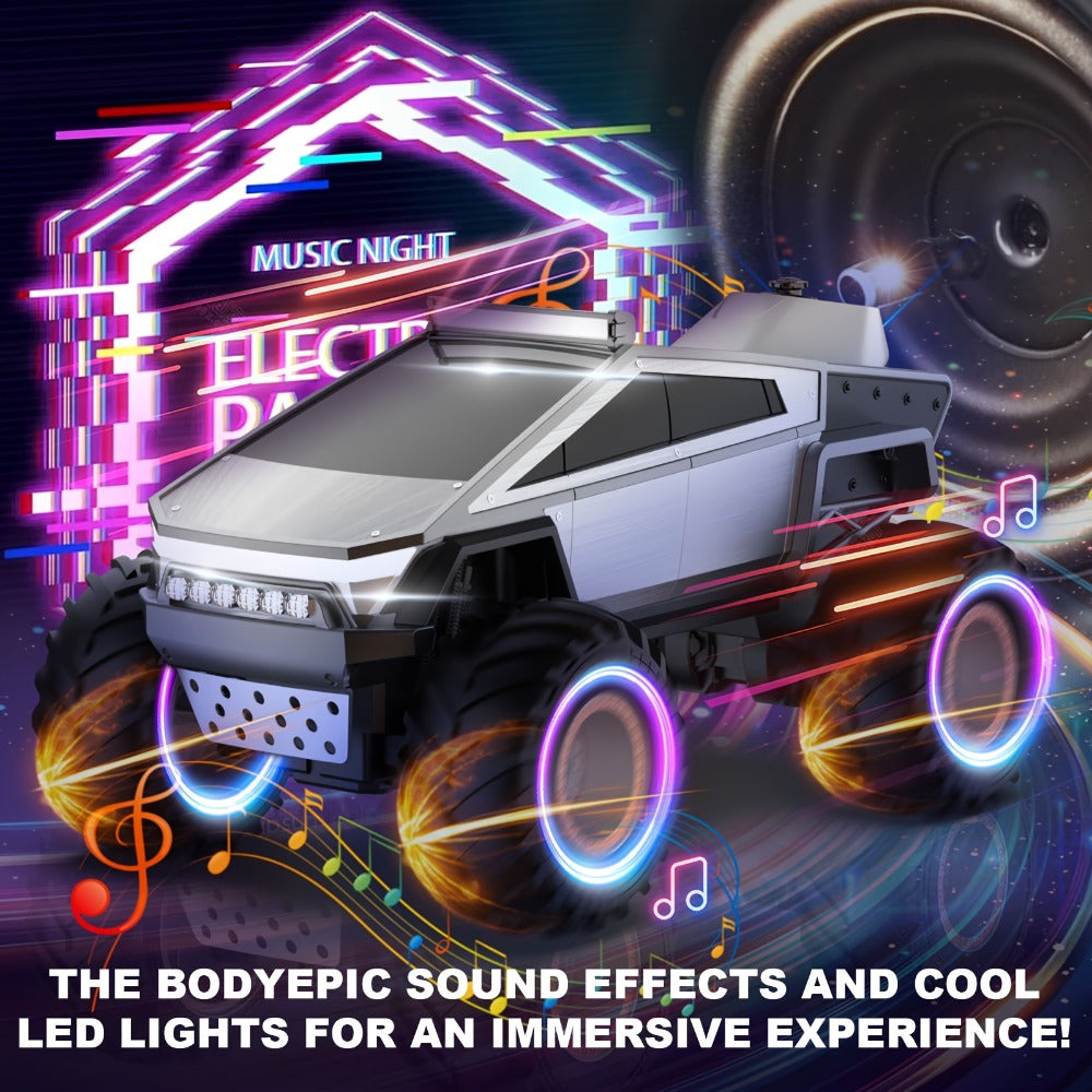 Remote Control Car, Cybertruck-Style 1:14 and 1:18 Pickup Models with 2.4GHz Control, LEDs and Spray Effect
