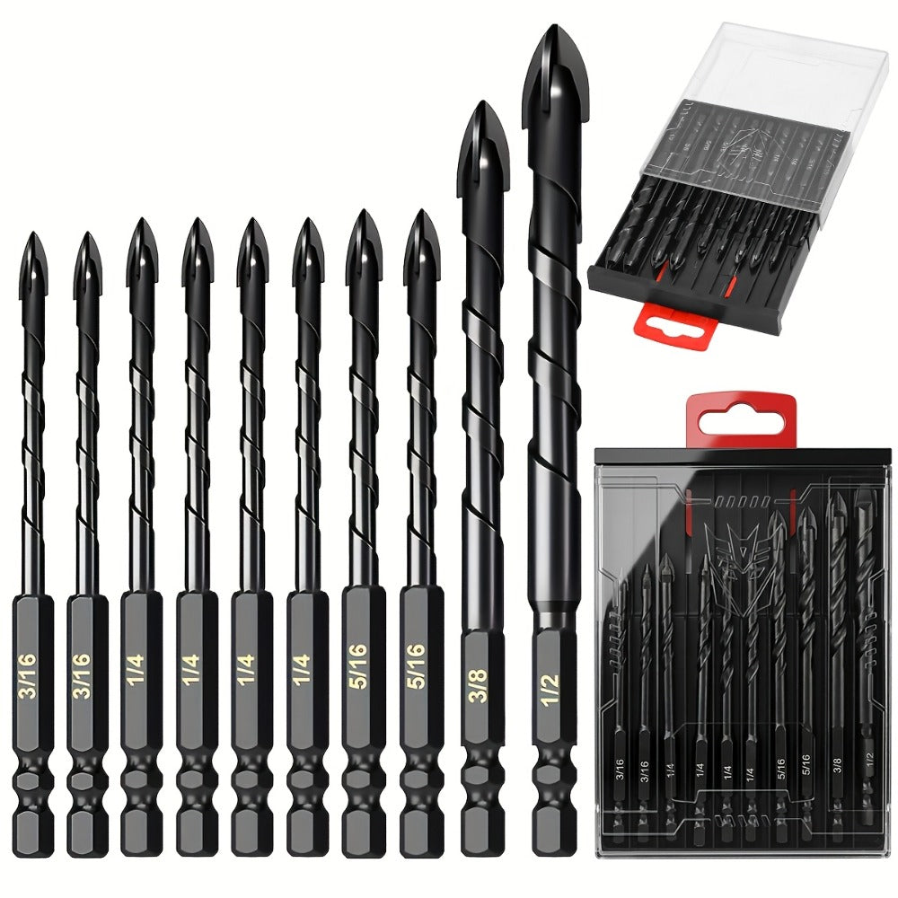 Masonry Drill Bits Set 10pcs, Tungsten Carbide Tip Drill Bits for Tile, Brick, Glass, Ceramic, Concrete