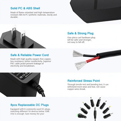 Fixed 5V 2A 10W AC/DC Power Adapter with Eight Tips, Type-C, Micro-USB and Barrel Connectors