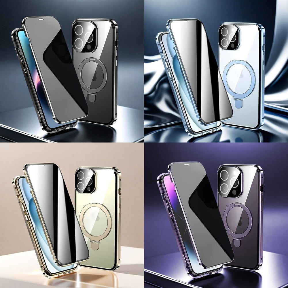 Phone Case Privacy-Panel Double-Sided Tempered Glass Cover with Snap Lock and Kickstand for iPhone 15 Models