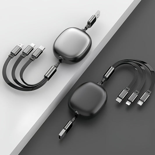 1.2m Retractable Charging Cable with Type-C, Micro USB and Lightning Ends in Six Color Options