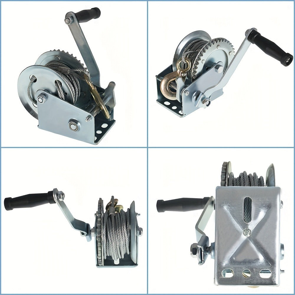 Manual Hand Winch Carbon Steel 800- - Double Brake Safety System, Strap Winch with Mooring Hook & Safety Pawl