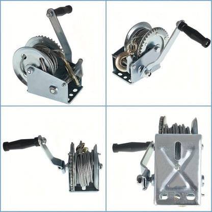 Manual Hand Winch Carbon Steel 800- - Double Brake Safety System, Strap Winch with Mooring Hook & Safety Pawl