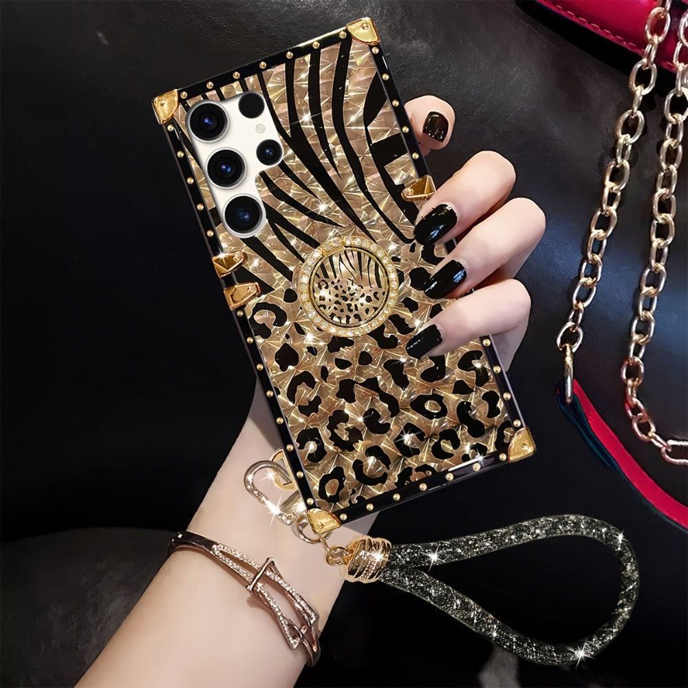 Leopard Print Samsung Galaxy Case Ring Holder Kickstand Anti-Drop Rectangular Cover for Galaxy S25 Ultra Plus S24 Ultra Plus FE S23 Ultra