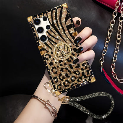 Leopard Print Samsung Galaxy Case Ring Holder Kickstand Anti-Drop Rectangular Cover for Galaxy S25 Ultra Plus S24 Ultra Plus FE S23 Ultra