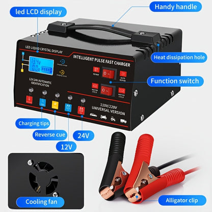 AF01 12 V and 24 V Battery Charger with LCD Display, Alligator Clamps, Carry Handle and Cooling Fan